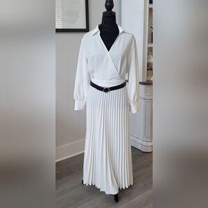 Zara Long- Sleeved Pleated Dress with Belt- White- Medium